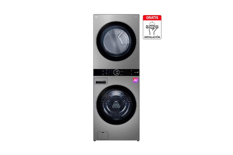 Vista frontal de Washtower LG 22Kg/22Kg Plata AIDD ThinQ WK22VS6P